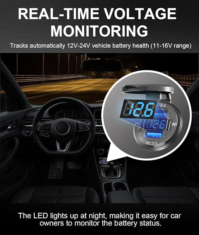 2Pack 78W Quad-Port 12V USB Outlet - Dual QC3.0 & PD3.0 Quick Charge Car Charger Socket with Voltmeter, Aluminum Alloy Waterproof USB C Port for Car Boat Marine Motorcycle RV Truck ATV Golf Cart