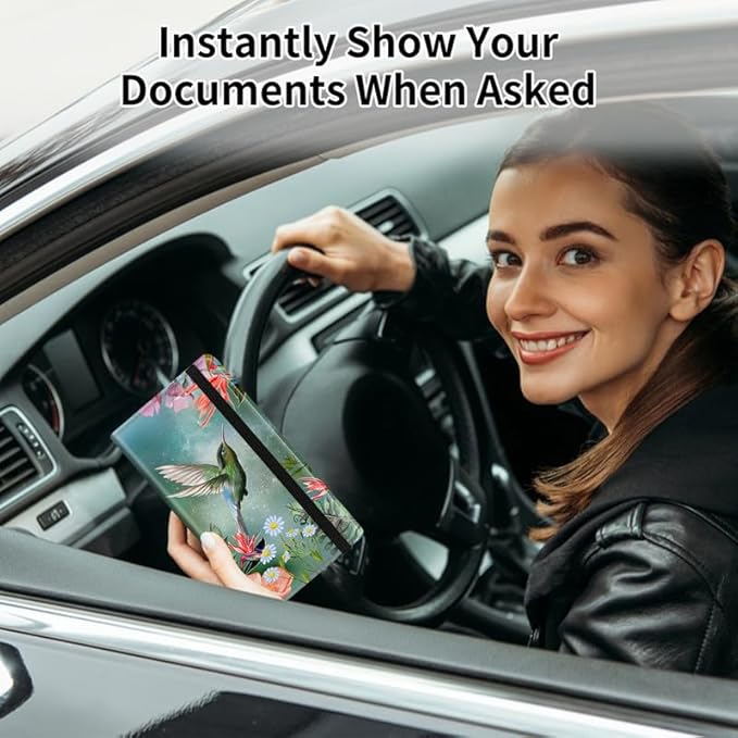 Car Registration and Insurance Card Holder, Vehicle License Documents Glove Box Compartment Organizer Wallet, ID Card Holder for Car Essentials Automobile, Hummingbird Pink Flowers