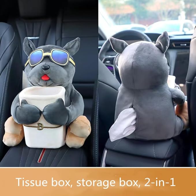 Multifunctional Deluxe Trash Can and Storage Box, Cute Tissue Box, Creative Animal Cartoon Decorative Organizer for Car and Home, Dog, Grey