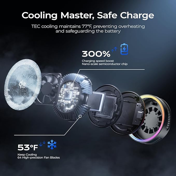 Qi2.2 Wireless Charger【25W Fast Charging+Instant Cooling】,Magnetic Charger Pad with Cooling Fan,LED Light Phone Holder Fast Charging Compatible with iphone17/16/15/14/13/12 Series