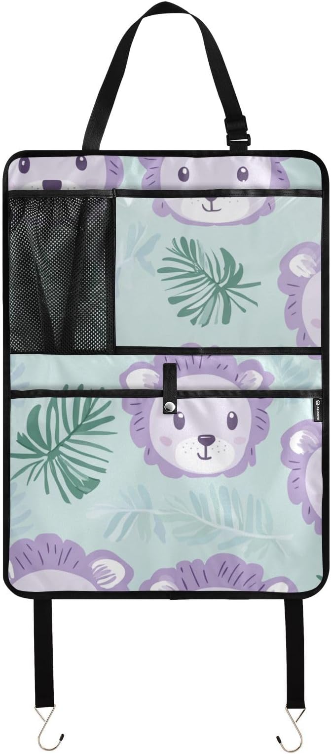 Cute Green Lion and Palm Leaves 2 Pack Backseat Car Organizer with Storage Pockets Seat Back Organizers for Kids Kick Mats Backseat Protector Automotive