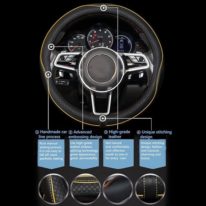 Gomass Car Steering Wheel Cover, Anti-Slip, Safety, Soft, Breathable, Heavy Duty, Thick, Full Surround, Sports Style (Black with Yellow Line)