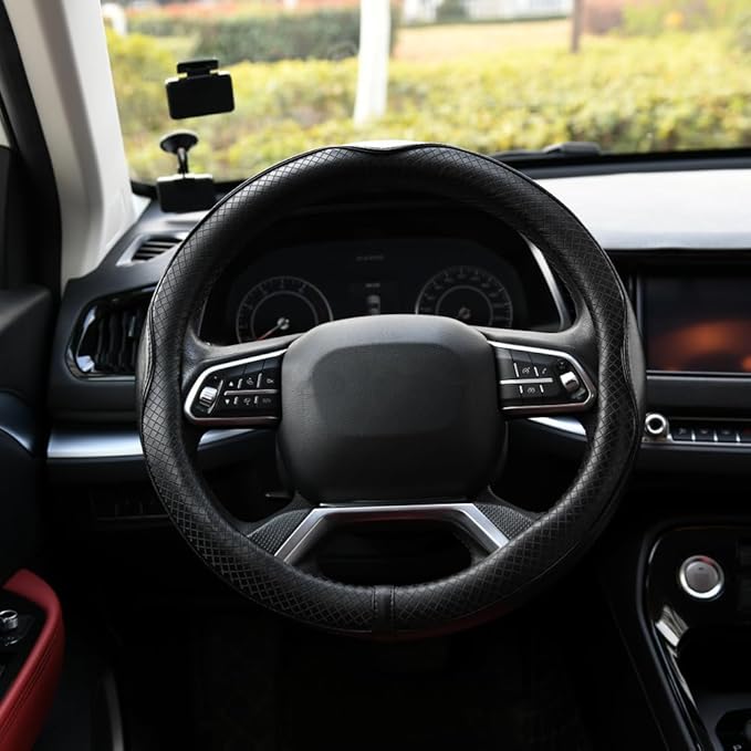 Rueesh Microfiber Leather Steering Wheel Cover Anti-Slip Matte Finish Auto Car Wheel Cover Universal 15 Inch Wheel Cover for Car Embossing Pattern Black Line