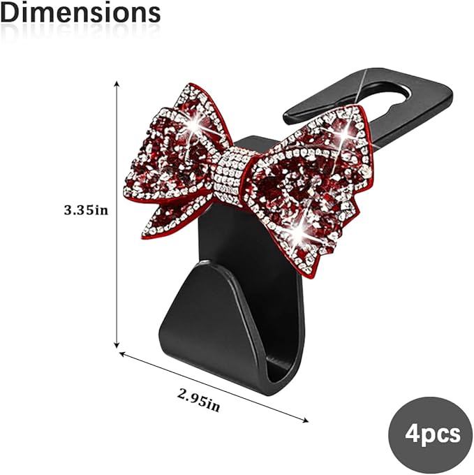 Zpana Bling Car Headreat Hook, 2PCS Crystal Rhinestone Cute Bow Vehicle Seat Back Hanger Storage for Purses Bags Grocery, Diamond Auto Rear Seat Organizer, Universal for SUV Truck Sedan (Red)