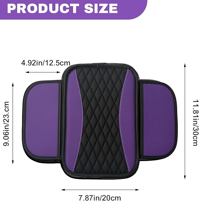 Leather Car Center Console Cover with Side Pockets, Upgraded Arm Rest Cover for Car Seat Organizer, Middle Console Cover Stylish Car Decoration, Universal for Most Vehicles (Purple)