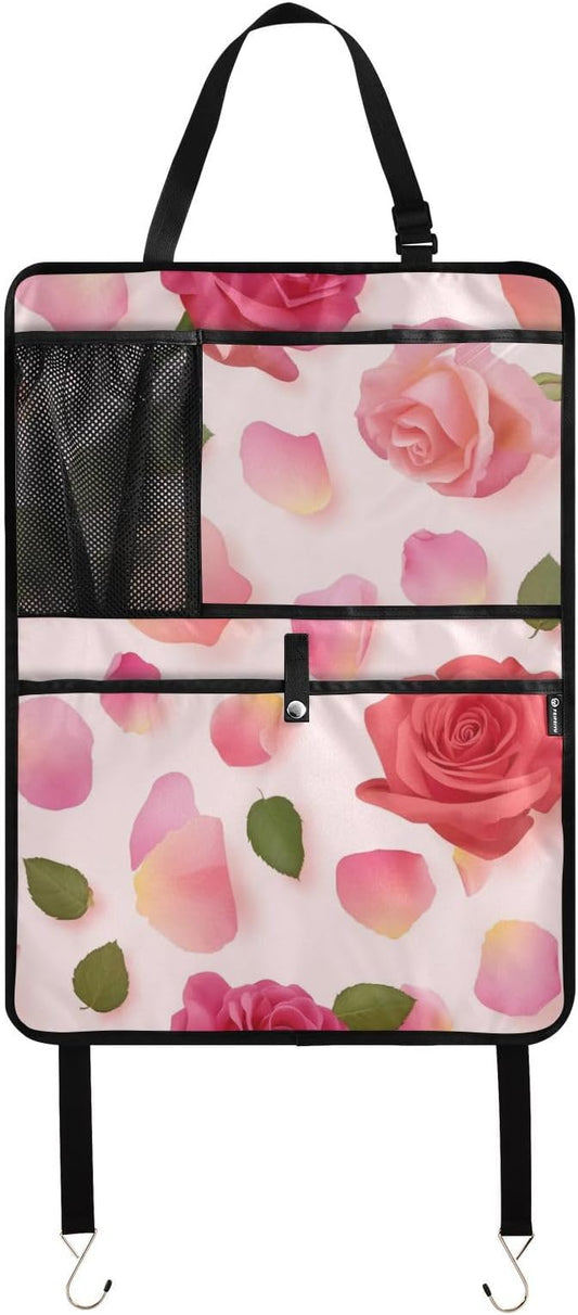 Pink Yellow Rose 1 Pack Backseat Car Organizer with Storage Pockets Seat Back Organizers for Kids Kick Mats Backseat Protector Automotive