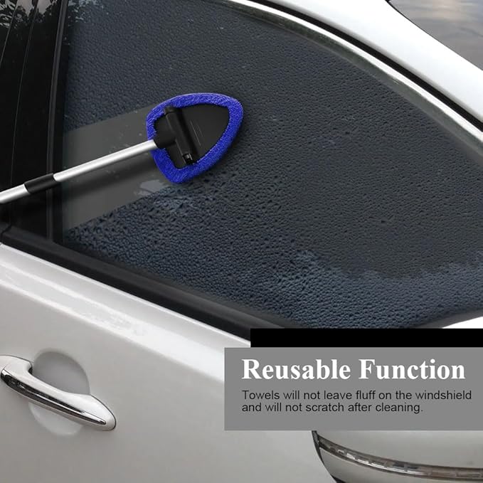 Windshield Cleaning Tool, Car Window Cleaner, Windshield Cleaner with 4 Washable Reusable Microfiber Pads and Extendable Handle, Auto Glass Wiper Cleaning Kit Universal for Car (Blue)