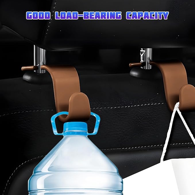 Car Seat Headrest Hooks, Multifunctional 4PCS Vehicle Back Seat Storage Hanger Holder for Hangbag Coat Grocery, Auto Interior Headrest Hook Organizer, Universal for Vehicles (Brown)