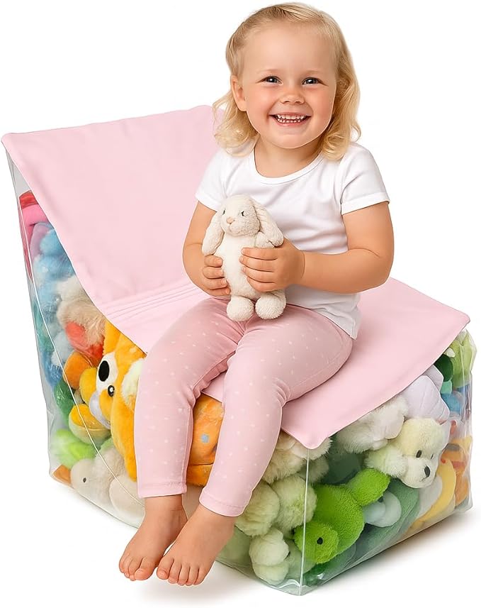 Clear Stuffed Animal Storage Chair for Kids – Plush Toy Organizer Seat, Transparent Stuffed Animal Storage for Bedroom & Playroom, Holds Plush Toys - Pink