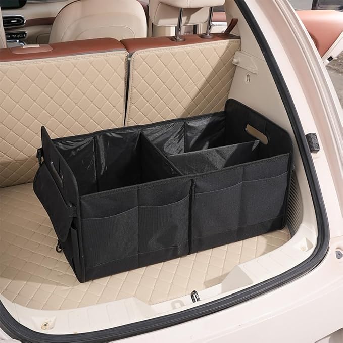 Car trunk storage box Foldable sedan SUV Universal outing travel good goods Multi compartment partition with handle (black)