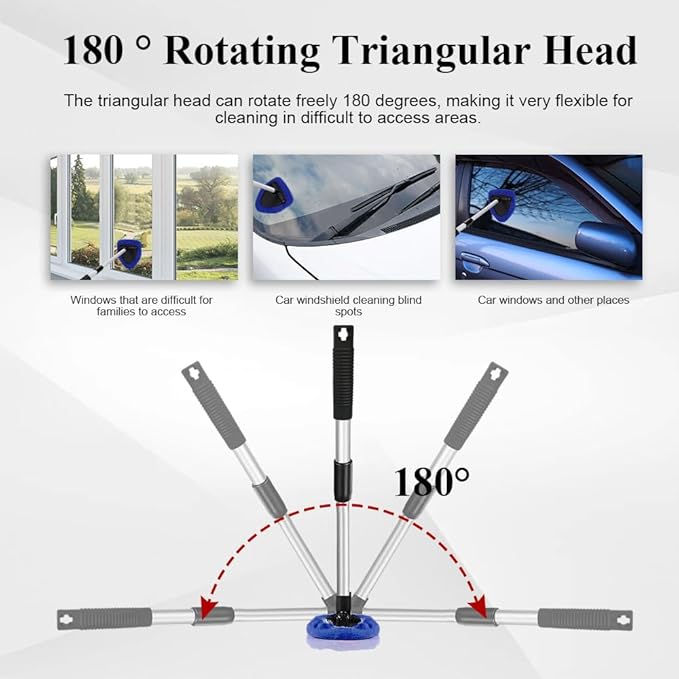 Windshield Cleaning Tool, Car Window Cleaner, Windshield Cleaner with 4 Washable Reusable Microfiber Pads and Extendable Handle, Auto Glass Wiper Cleaning Kit Universal for Car (Blue)