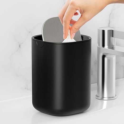 CEROELDA Mini Desk Trash Can with Swing-Top Lid, 0.4 Gallon Small Round Wastebasket, Black, for Office, Home, Car (Black)