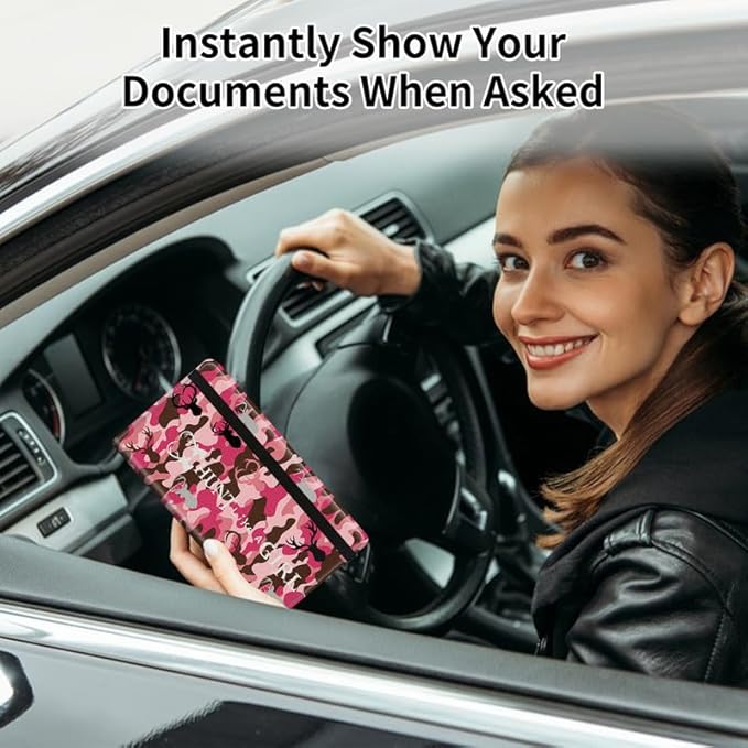 Car Registration and Insurance Card Holder, Vehicle License Documents Glove Box Compartment Organizer Wallet, ID Card Holder for Car Essentials Automobile, Pink Camo Camouflage