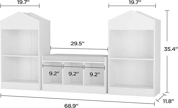 MHOM 68.9“ Kids Bookshelf with Reading Nook, Toy Storage Organizer with Seat Cushion and 7 Storage Cubbies, Wooden Kids Bookcase, Toy Organizers and Storage for Nursery, Playroom, White