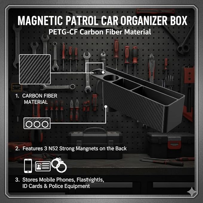 Magnetic Patrol Car Organizer Box - Black Carbon Fiber Style Storage for Mobile Phones, Flashlights & ID Cards - Heavy Duty N52 Magnet Mount Police Equipment Accessory for Law Enforcement Vehicles