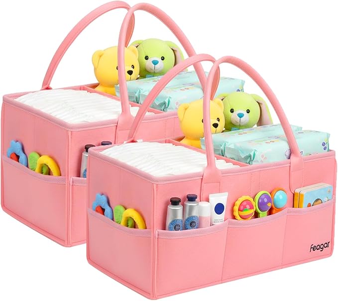 Feagar Baby Diaper Caddy Organizer, 15 Inch Large 2 Pack Set with 8 Pockets & 2 Dividers, Portable Nursery Storage Basket & Car Organizer for Changing Table, Travel (Pink)