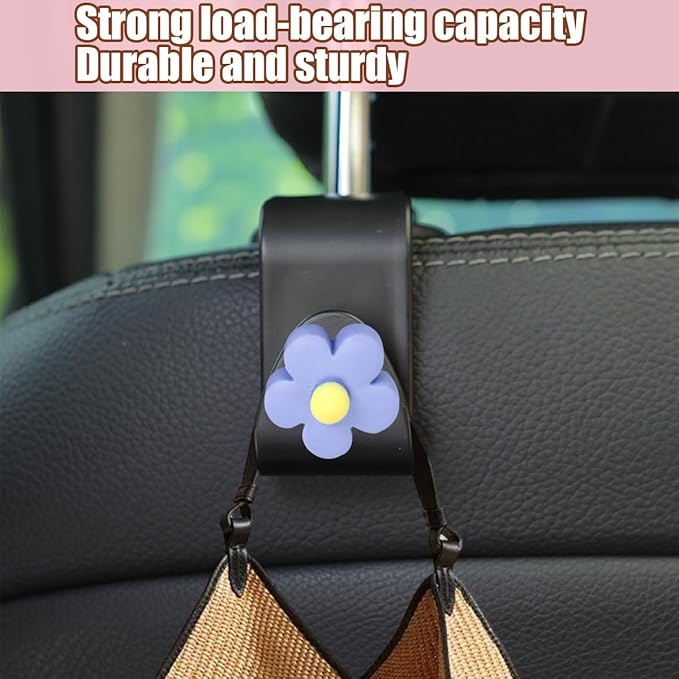 4 PCS Car Headrest Hook, Multifunctional Flower Vehicle Seat Back Storage Hook, Cute Automotive Seatback Organizer Hanger for Purse Grocery Bag Handbag, Universal Fit (Black/Blue)