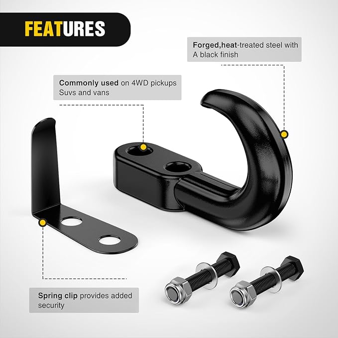 Nilight 2Pcs Bolt-On Tow Hooks with Spring Clip 10,000LBS 2Pcs Black Forged Recovery Tow Hooks Compatible with Jeep Ford Dodge Chevy GMC Toyota Pickup Truck