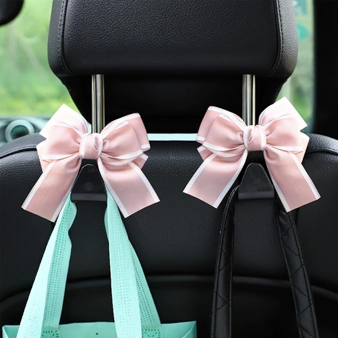 Car Seat Headrest Hook, 2PCS Cute Bow Knot Vehicle Seatback Hanging Storage Organizer, Seat Back Hanger for Purse Coat Umbrella, Universal Automotive Interior Decor Accessories (Pink)