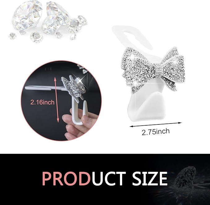 2 PCS Bling Bow Car Seat Headrest Hooks, S Type Crystal Seat Back Hangers, Universal Vehicle Storage Organizer for Handbag, Purse, Coat, Grocery Bags (White)