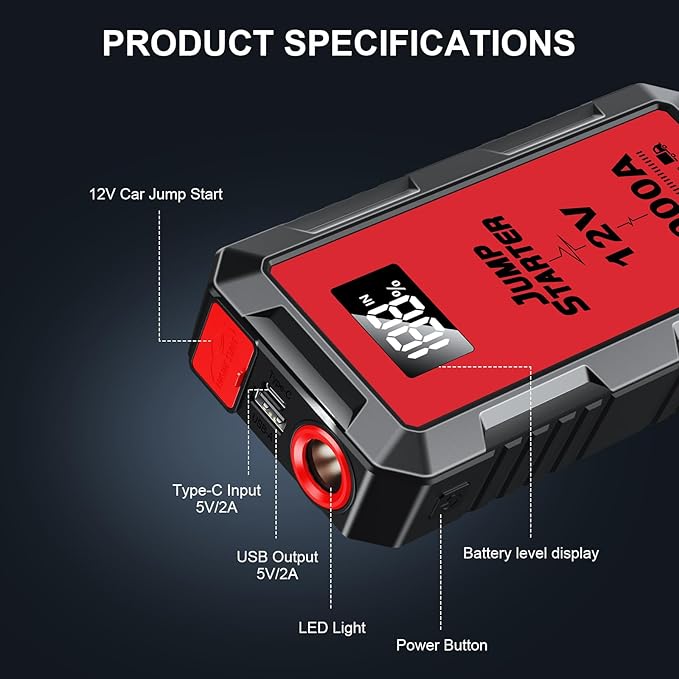 6000A Car Jump Starter, 12V Jump Starter Battery Pack (All Gas,up to 10.0L Diesel Engine) Jumper Cables Portable Lithium Jump Box, USB Output and LED Light