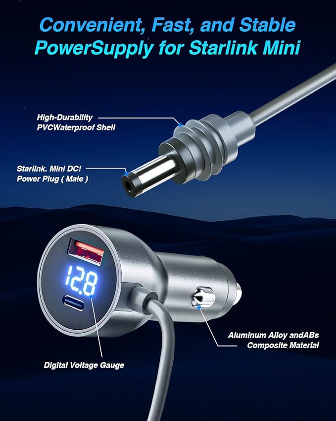 Starlink Mini DC Power Cable Cigarette Lighter Adapter, 12V-48V Car Charger with USB/Type C Ports, Durable Power Cord for Truck, RV, Car Accessories - Waterproof, Heavy Duty, Power Supply 10ft/3m