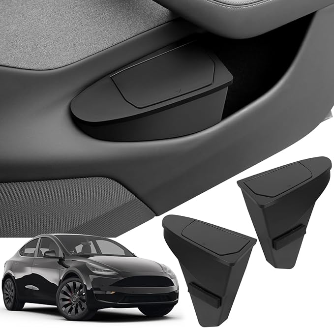 Front Door Storage Organizer Compatible with Tesla Model Y Juniper 2025 2026, 2 PCS Car Trash Can Trash Bin with Push-Open Lid Waterproof Side Door Storage Box - Black