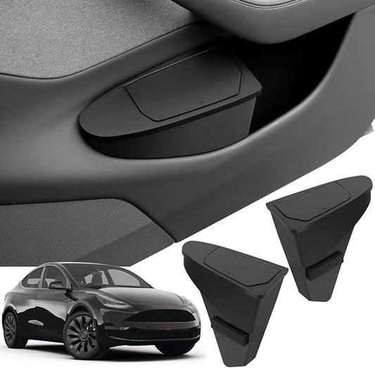 Front Door Storage Organizer Compatible with Tesla Model Y Juniper 2025 2026, 2 PCS Car Trash Can Trash Bin with Push-Open Lid Waterproof Side Door Storage Box - Black