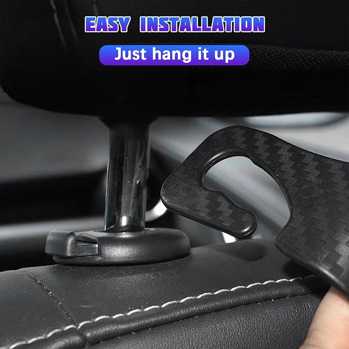 Car Seat Headrest Hooks, 4PCS Carbon Fiber Vehicle Back Seat Storage Hanger Holder for Hangbag Coat Grocery, Automotive Interior Headrest Hook Organizer, Universal for Vehicles (Black)