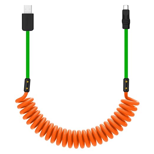 chubbycable Curly Chubby 120W Coiled USB C Cable Retractable Fast Charging Cable for Car Charger Cord Compatible with iPhone 17-15 Series, Orange+Green, USB-A to Type-C, 2.29FT-3.6FT