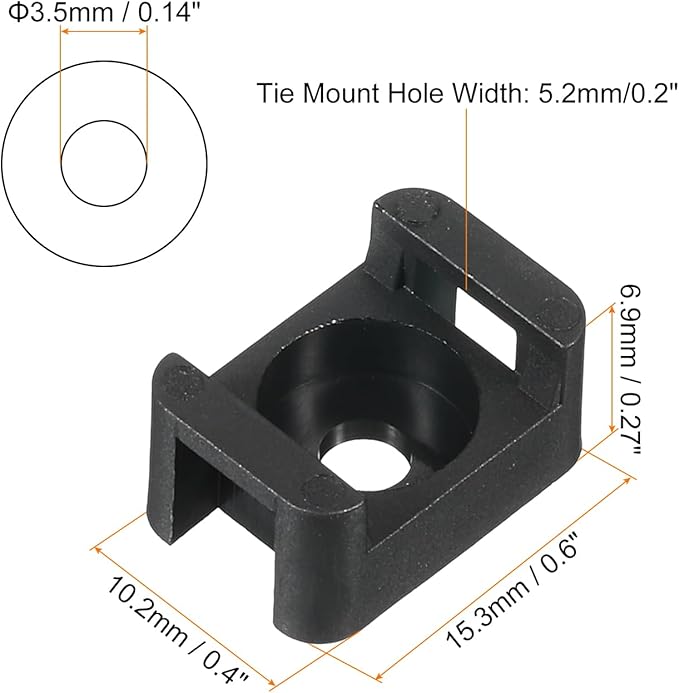 MECCANIXITY 500pcs Cable Tie Base Saddle Type Mount Wire Holder, 0.6"x0.4"x0.27" Wire Clips Organizer Holders Clamps for Electronic Wires, Black 0.14"Dia