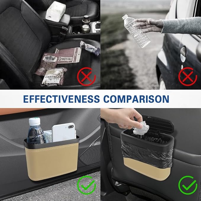 2PCS Car Trash Can with Lid, Press-Top Car Trash Bin with 30PCS Cars Trashs Bags, Small Automotive Dustbin Garbage Container Universal Fit Most Cars Office Home (2pcs-Beige)