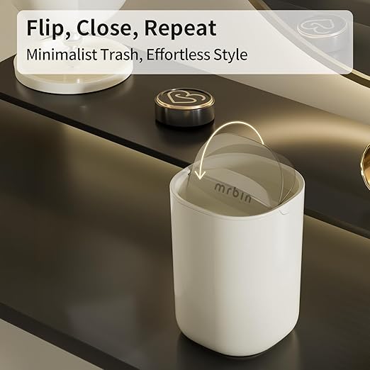 MRBIN Desk Mini Trash Can, 0.4 Gallon Table Top Plastic Waste Basket with Stainless Steel Lid, Small Garbage Bin for Car, Bedroom, Coffee Bar, Vanity Countertop, White