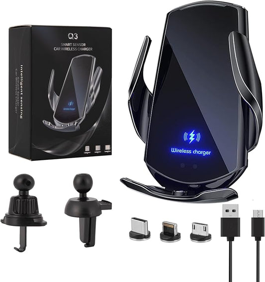 Wireless Car Charger Phone Mount 15W Fast Charging Auto Clamping Car Charger Car Phone Holder Mount Wireless Charging Mount Compatible with All Android Smartphone (Black)