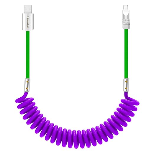 chubbycable Curly Chubby 120W Coiled USB C Cable Retractable Fast Charging Cable for Car Charger Cord Compatible with iPhone 17-15 Series, Purple and Green, USB-A to Type-C, 2.29FT-3.6FT