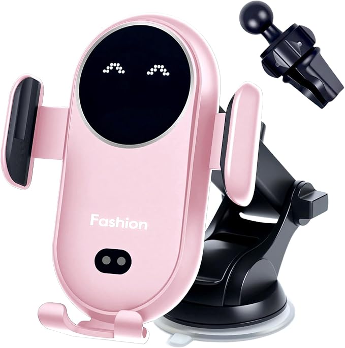 Wireless Car Charger Mount with Air Vent Clip & Suction Base, 15W Fast Auto-Clamping Charging Phone Holder for iPhone 17/16/15/14, Samsung S24/S23, etc.(Pink)
