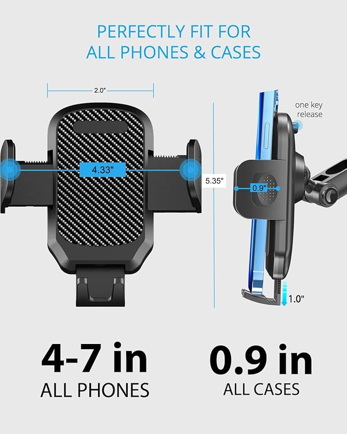 Quyee Phone Holder Car, Rear View Mirror Phone Holder - Aluminum Alloy Mount Multi-Angle Adjustment Rotatable and Retractable Compatible with All 4-7 Inch iPhone and Android Cell Phones (XL Black)