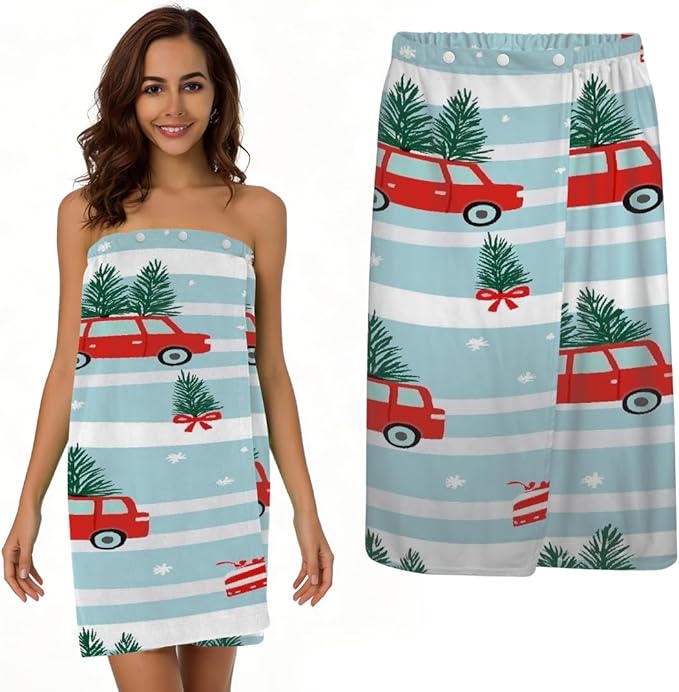 Towel Wrap for Women, Wearable Towel Dress Spa bathrobe with Adjustable Closure(Christmas Car Cartoon Stripes)
