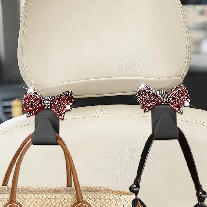 Zpana Bling Car Headreat Hook, 2PCS Crystal Rhinestone Cute Bow Vehicle Seat Back Hanger Storage for Purses Bags Grocery, Diamond Auto Rear Seat Organizer, Universal for SUV Truck Sedan (Red)