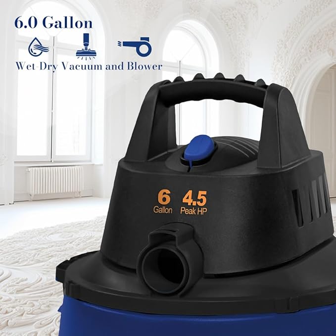 Koblenz Wet-Dry Vacuum Cleaner, 6-Gallon Tank, Superior 4.5 Peak HP Motor, Lightweight Vacuum Cleaner and Blower, Tackles Dry and Wet Messes, Accessories Included, Black+Blue (WD-6 L212)