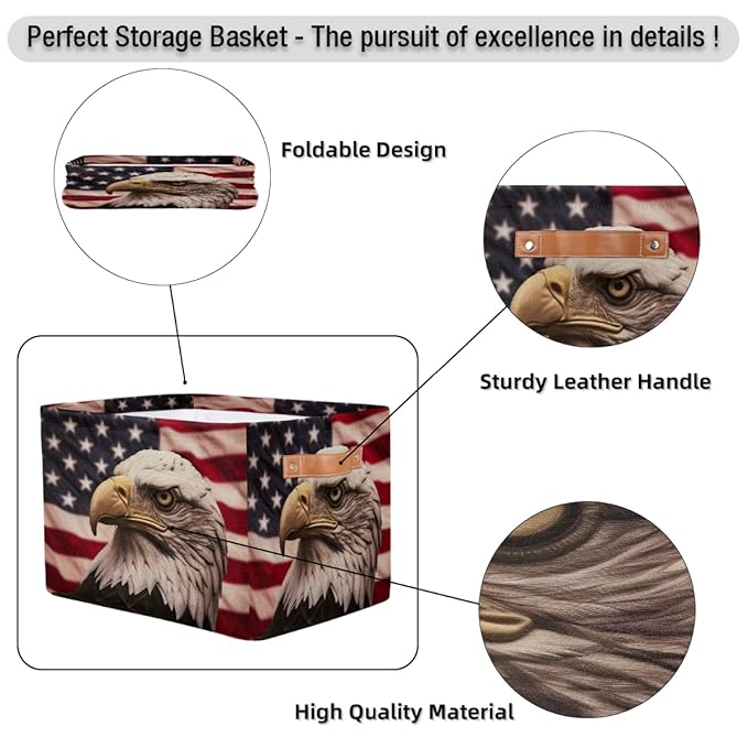 Retro American Flag Patriotic Storage Baskets for Organizing, Fabric Collapsible Storage Bins Box Bald Eagle Decorative Toy Organizer Baskets for Closet Shelves Gift Basket 1 Pc