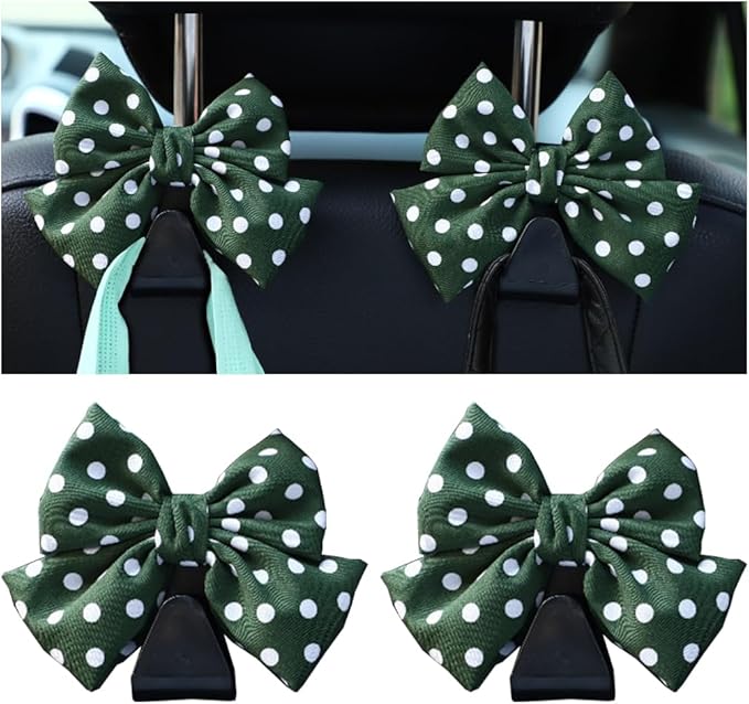 Mandark 2-Piece Car Seat Hooks - Cute Bow Vehicle Hooks for Purses and Bags - Universal Automotive Hanger for SUV, Sedan, Truck (Green/Polka Dot)
