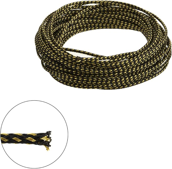 Aicosineg 32.81ft PET Flexible Braided Cable Sleeve 0.12inch Width Wire Loom Sleeving and Organizer Flexible Wire Mesh Sleeve Wrap Protector for TV Audio PC Cords from Pets Chewing Black and Gold