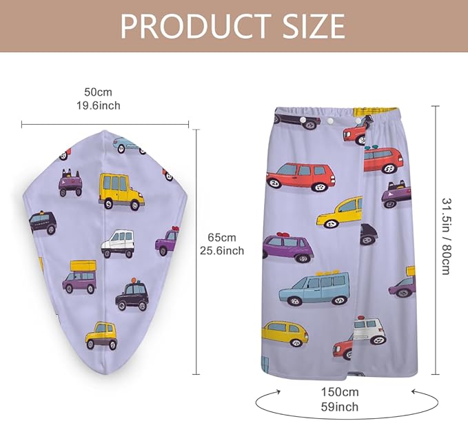Women Bath Wrap Hair Towel Drying Cap Set Cute Cars Pattern Soft Absorbent Bathrobe Shower Wraps with Adjustable Closure Spa Bath Robe