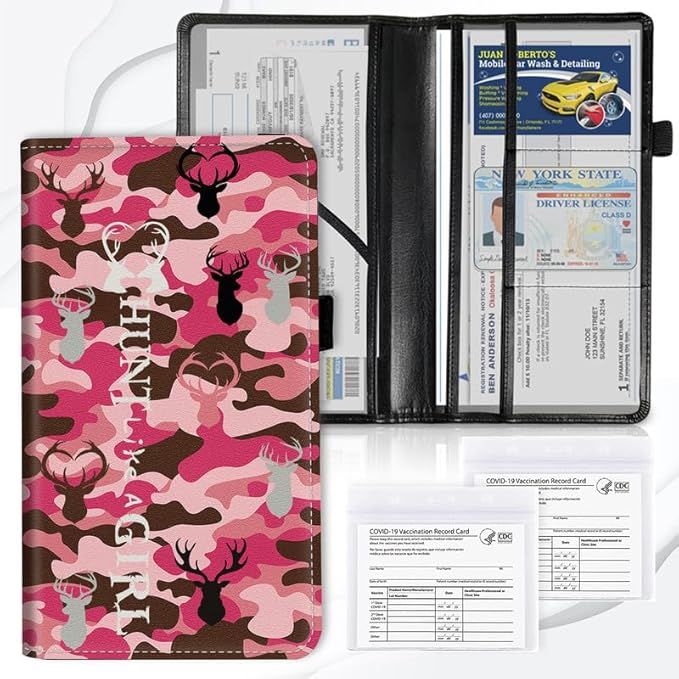Car Registration and Insurance Card Holder, Vehicle License Documents Glove Box Compartment Organizer Wallet, ID Card Holder for Car Essentials Automobile, Pink Camo Camouflage