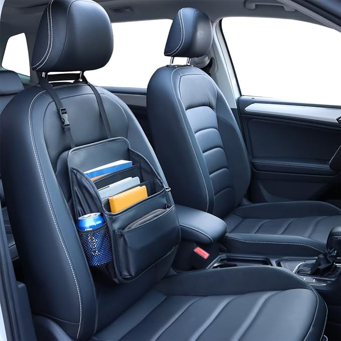 Front Seat Organizer Car Upholstery Leather Passenger Seat Storage Bag Large Durable Car Organizer with Adjustable Strap Multiple Compartments Mesh Bags Cup Holders (black)