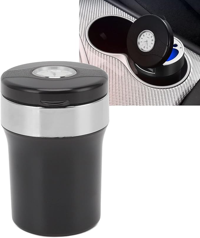 Fdit Portable Car Ashtray for Vehicles, Mini Car Trash Can with Detachable Lid, Detachable Ash Tray Stainless Steel Inside for Outdoor Travel, Home Use (Black Silver)