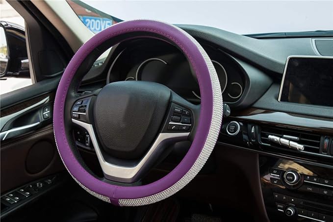 New Diamond Leather Steering Wheel Cover with Bling Bling Crystal Rhinestones, Universal Fit 15 Inch Car Wheel Protector for Women Girls Purple