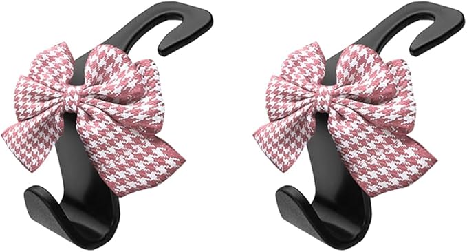 2PCS Car Seat Headrest Hooks, Cute Bow Vehicle Backseat Storage Hanger for Handbag Umbrella Coat, Automotive Seat Back Hook Holder Organizer Decor, Universal for Vehicles (Pink Houndstooth)