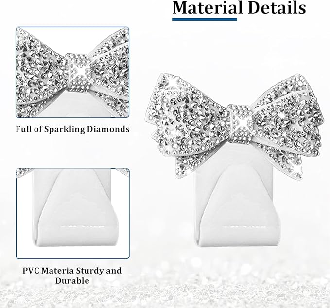 2PCS Bling Bow Car Seat Headrest Hook, Lovely Crystal Rhinestone Back Seat Storage Organizer for Handbag Purse Coat, Girly Sparkling Diamond Backseat Bag Hanger Holder, Universal Fit (White)